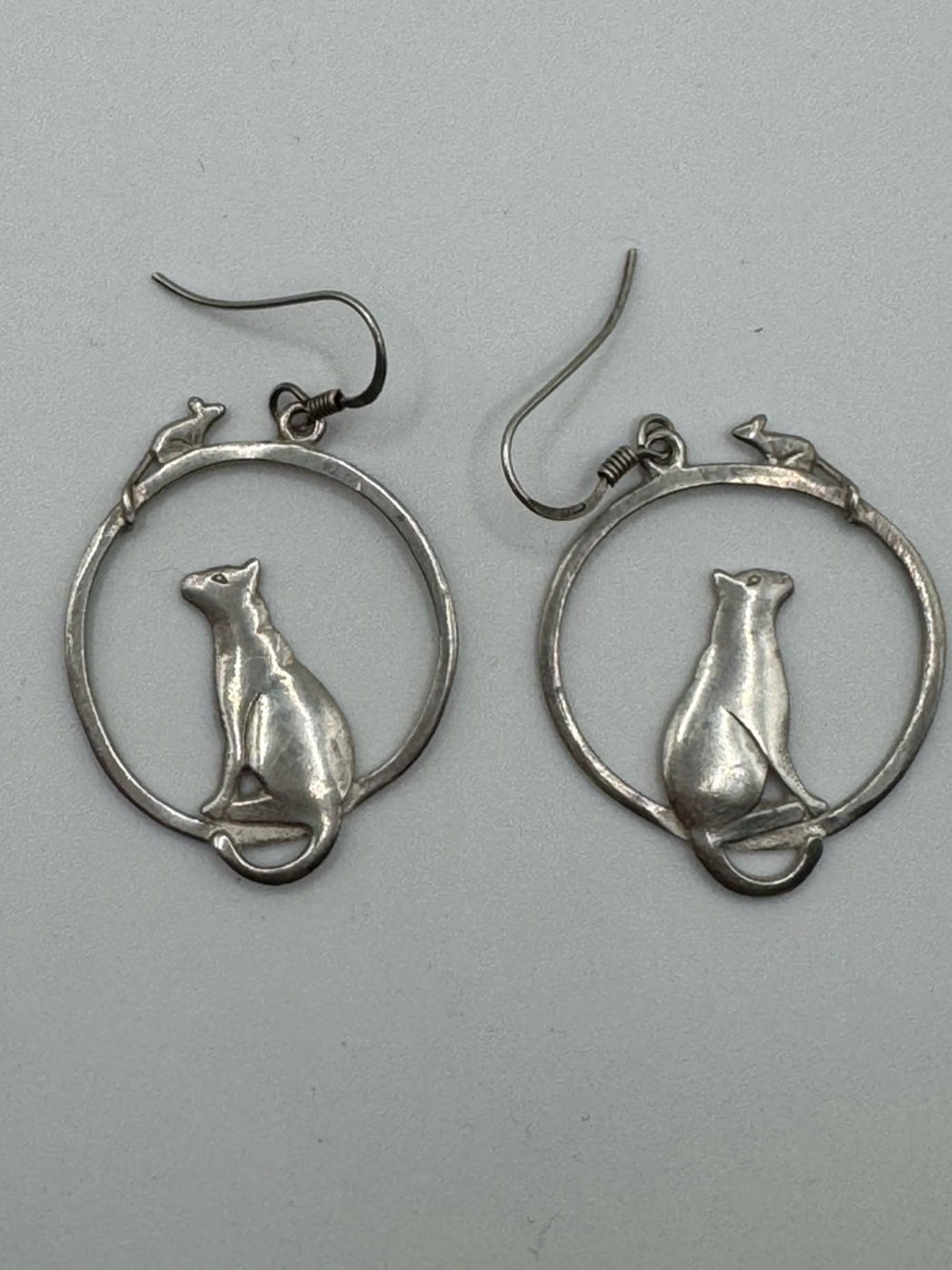 925 Silver Cat with Mouse Hoop Dangle Earrings